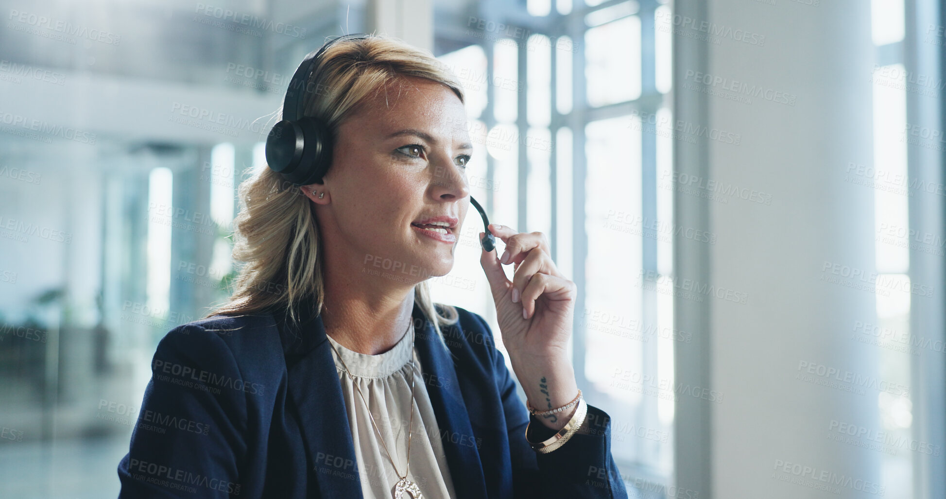 Buy stock photo Mic, contact us and woman in call center for support, finance or listen for banking assistance. Customer service, business and agent talk with headset for account balance, loan advice or help desk