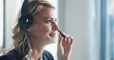 Buy stock photo Mic, business and happy woman in call center for telemarketing, insurance and telesales feedback. Headset, sales consultant and person on hotline for lead generation, coverage and outbound contact