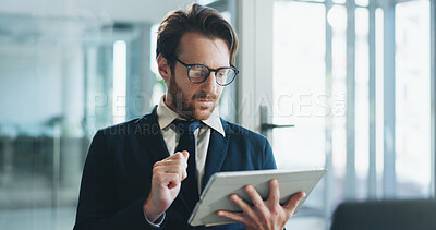 Buy stock photo Review, glasses and man in office with tablet, online communication and project development for client. Reading, specs and employee in agency with tech, contract edit and feedback for stakeholder.
