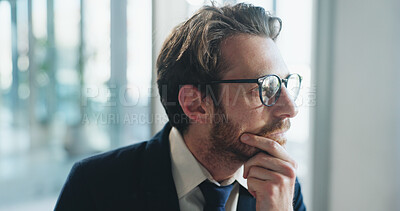 Buy stock photo Business, thinking and man in office with vision for justice, decision or planning at law firm. Profile, corporate attorney and person with reflection, legal solution and problem solving with idea
