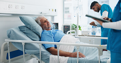 Buy stock photo Nurse, tablet and happy old man in hospital bed for medical assessment, recovery update or good news. Healthcare staff, senior patient and professional with tech for health checkup and monitor vitals