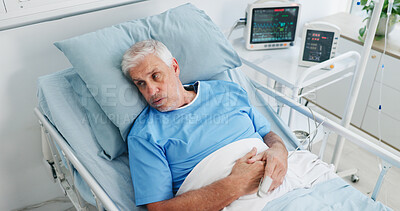 Buy stock photo Worry, senior man and thinking in hospital bed with bad news, medical mistake and surgery fail. Above, elderly person and healthcare crisis with operation error, patient insomnia and icu treatment