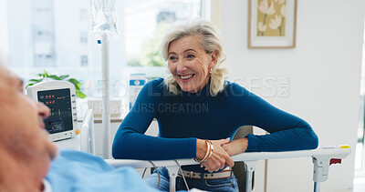 Buy stock photo Old couple, happy woman and visit by hospital bed for support, compassion and empathy for recovery. Married, elderly people and conversation in medical clinic with smile, kindness and health update.