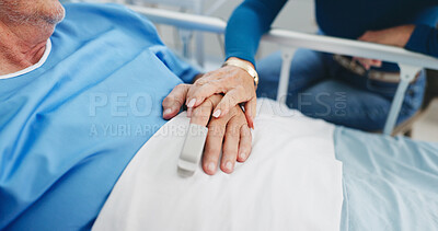 Buy stock photo Old couple, holding hands and care in hospital bed with support, compassion and empathy for recovery. Married, elderly people and trust in medical clinic with love, kindness and comfort for healing.