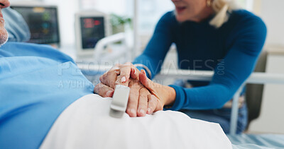 Buy stock photo Old couple, holding hands and love in hospital bed with support, compassion and empathy for recovery. Married, elderly people and trust in medical clinic with care, kindness and comfort for healing.