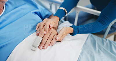 Buy stock photo Old couple, holding hands or visit in hospital bed with support, compassion and empathy for recovery. Married, elderly people and trust in medical clinic with care, kindness and comfort for healing.