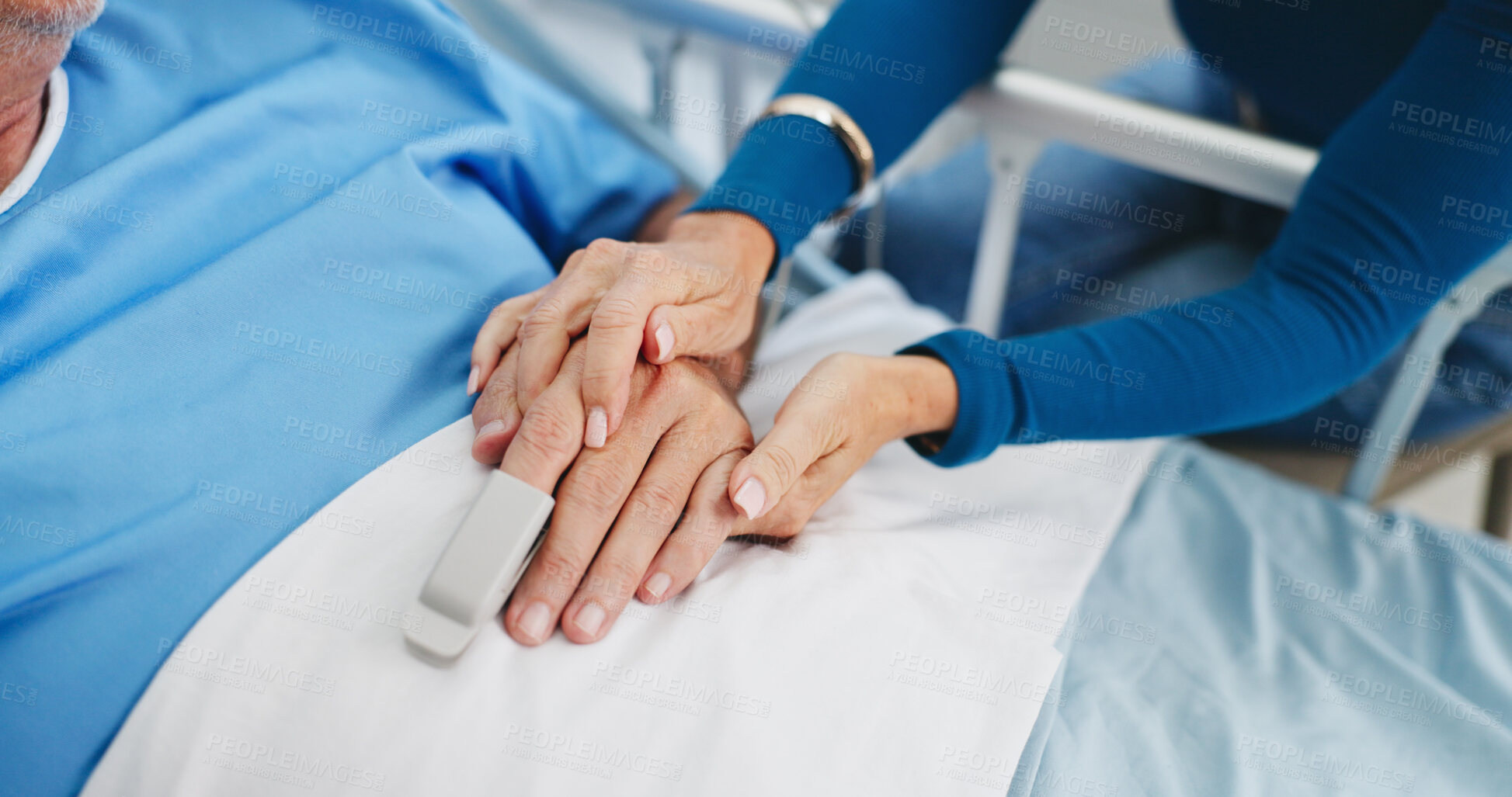 Buy stock photo Old couple, holding hands or visit in hospital bed with support, compassion and empathy for recovery. Married, elderly people and trust in medical clinic with care, kindness and comfort for healing.