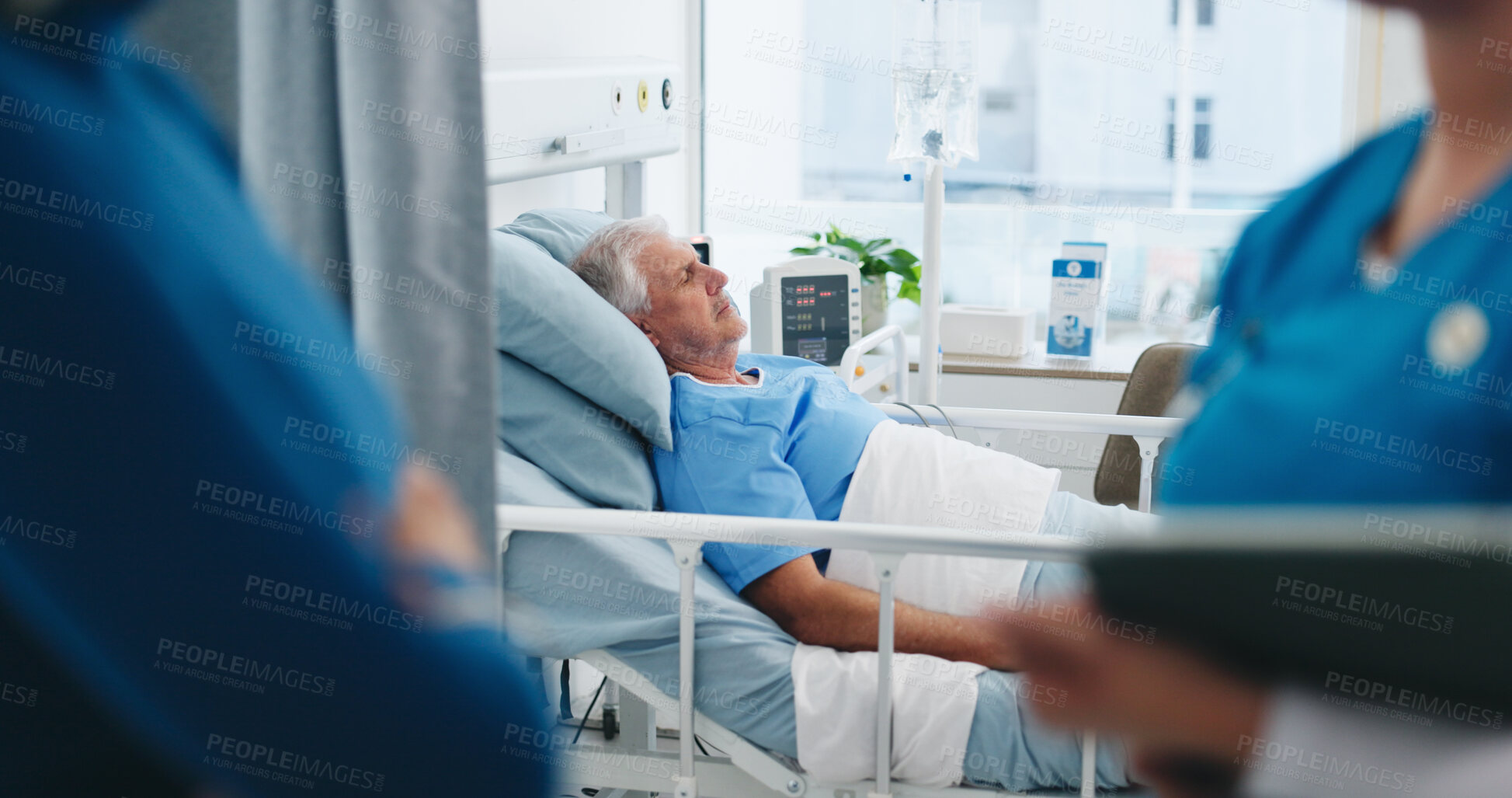 Buy stock photo Healthcare, recovery and senior man in hospital bed for post operation healing or treatment. Medical, sick and sleeping with old person in ward of clinic for medicare or rehabilitation as patient