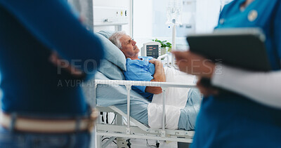 Buy stock photo Medical, recovery and senior man in hospital bed for post operation healing or treatment. Healthcare, sick and sleeping with old person in ward of clinic for medicare or rehabilitation as patient
