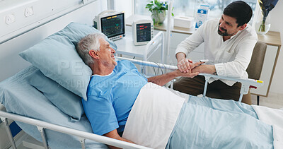 Buy stock photo Elderly patient, son and communication in hospital for visit, emotional support and check up for healing. Care, comfort and senior father with man for health recovery, chat or above in medical center