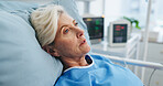 Thinking, senior woman and rest in hospital bed with vision, healthcare recovery and treatment choice. Thoughts, elderly person and patient reflection of illness, rehabilitation and medical procedure