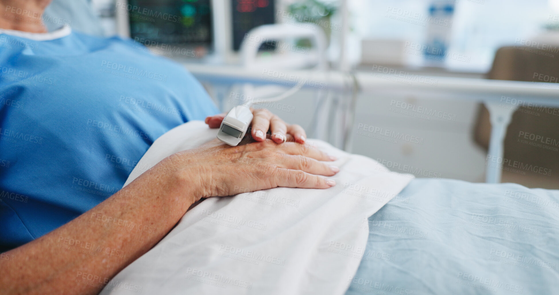 Buy stock photo Hands, bed and woman with oximeter to monitor pulse, healthcare and measure blood levels. Patient, medical service and person in hospital, track oxygen and sick with rest for recovery and healing