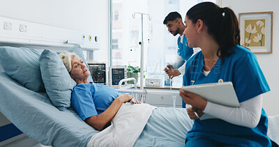 Buy stock photo Nurse, clipboard or consulting old woman in hospital bed for medical results, recovery update or news. Healthcare staff, senior patient and worker with feedback for surgery healing and monitor vitals