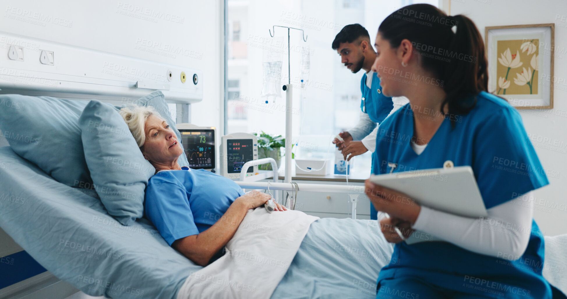 Buy stock photo Nurse, clipboard or consulting old woman in hospital bed for medical results, recovery update or news. Healthcare staff, senior patient and worker with feedback for surgery healing and monitor vitals
