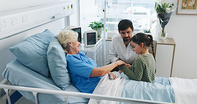 Buy stock photo Dad, girl and grandmother in hospital bed for healthcare, conversation and wellness. Family, senior woman and father with daughter for discussion, support and trust for care and love with recovery