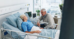 Old couple, trust and holding hands by hospital bed with support, kindness and empathy for recovery. Married, elderly people and care in medical clinic with compassion, conversation or health update.