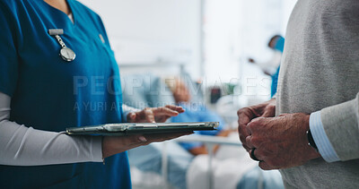 Buy stock photo Woman, nurse and hands with tablet for patient results, medical diagnosis or clinic treatment. Female person, doctor or discussion with client, partner or technology for health plan or procedure