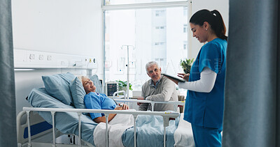 Buy stock photo Old couple, patient or nurse with tablet in hospital, health update or care coordination for release. Reading results, senior people or medical staff with treatment instructions, tech or leaving info