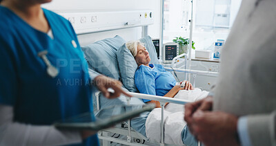 Buy stock photo Healthcare, recovery and senior woman in hospital bed for post operation healing or treatment. Ill, medical and sleeping with old person in ward of clinic for medicare or rehabilitation as patient
