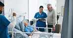 Old couple, patient or nurses with tablet in medical center, health update or care coordination for release. Reading results, senior people or hospital staff with treatment plan, tech or leaving info
