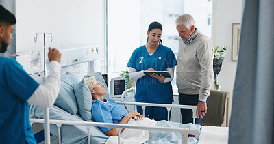 Buy stock photo Old couple, patient or nurses with tablet in medical center, health update or care coordination for release. Reading results, senior people or hospital staff with treatment plan, tech or leaving info