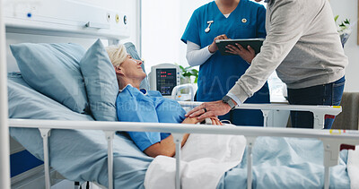 Buy stock photo Comfort, healthcare and visit of son with old woman in hospital bed for healing or recovery. Holding hands, medical or support with adult child and senior parent in clinic for rehabilitation