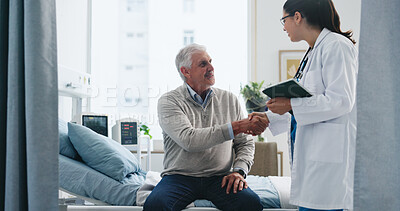 Buy stock photo Woman, doctor and handshake with patient or tablet for medical diagnosis or clinic treatment. Female person, nurse or shaking hands with senior man for healthcare recovery, hospital checkup or visit