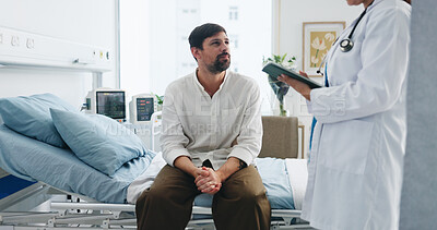 Buy stock photo Man, doctor and tablet with patient for medical diagnosis, results or clinic treatment. Male person, listening and appointment with nurse for healthcare recovery, hospital checkup or consultation