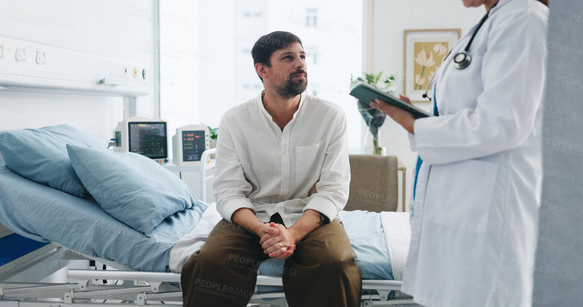 Buy stock photo Man, doctor and tablet with patient for medical diagnosis, results or clinic treatment. Male person, listening and appointment with nurse for healthcare recovery, hospital checkup or consultation