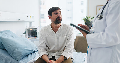 Buy stock photo Man, doctor and tablet at hospital consultation for medical assessment, test results and update. Healthcare, patient and professional with tech in clinic for routine checkup, diagnosis and feedback