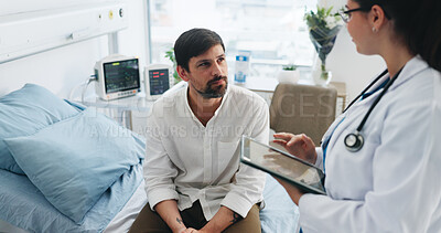 Buy stock photo Man, doctor and tablet at clinic consultation for medical assessment, test results and update. Healthcare, patient and professional with tech in hospital for routine checkup, diagnosis and feedback