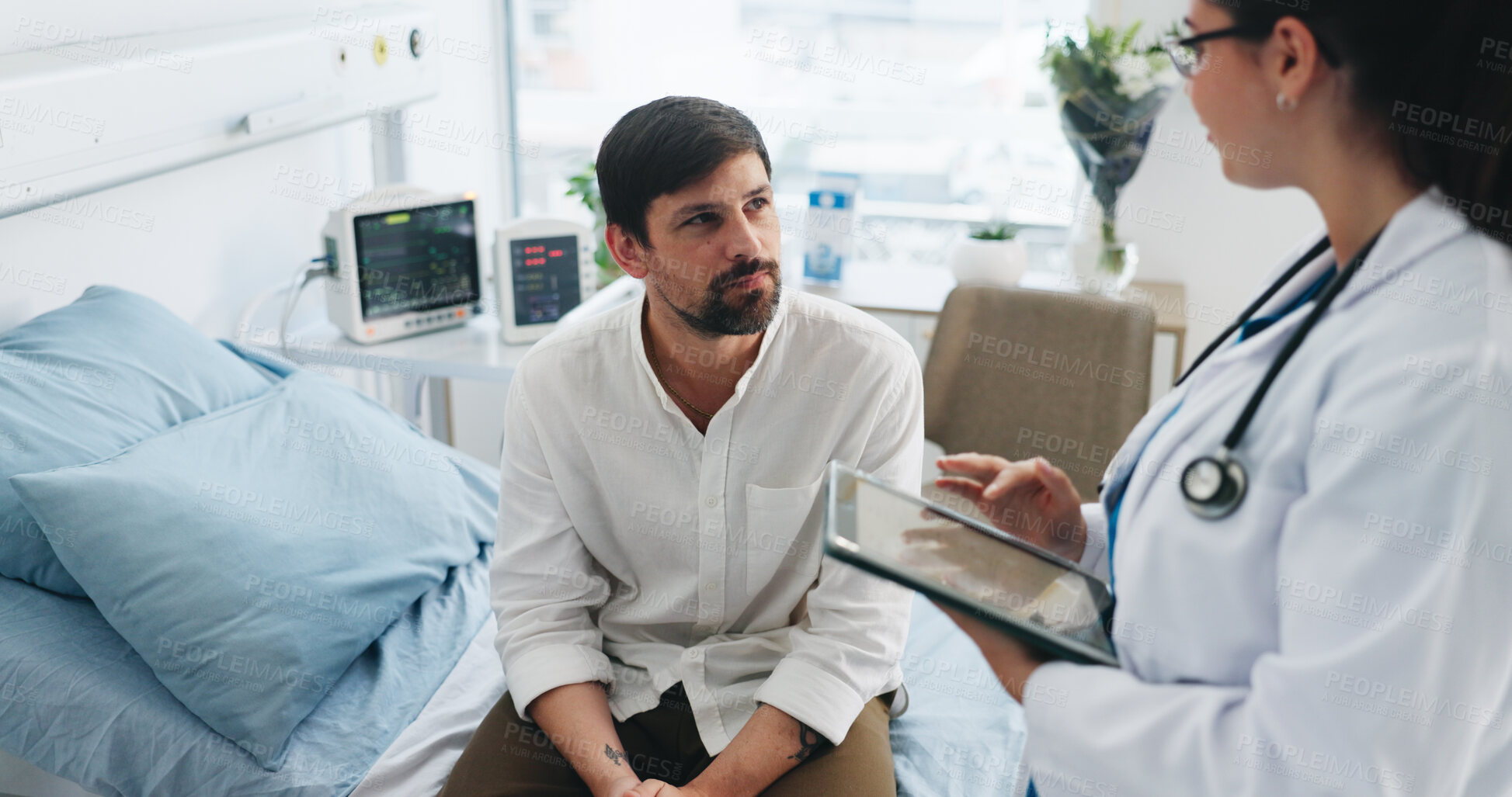 Buy stock photo Man, doctor and tablet at clinic consultation for medical assessment, test results and update. Healthcare, patient and professional with tech in hospital for routine checkup, diagnosis and feedback