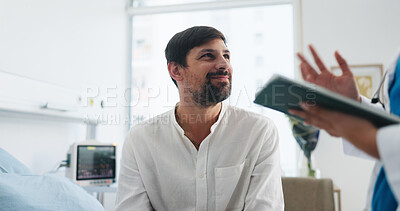 Buy stock photo Happy man, nurse and tablet with patient for medical diagnosis, results or clinic treatment. Male person, listening and appointment with doctor for health recovery, hospital checkup or consultation