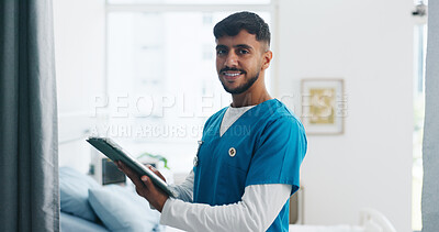 Buy stock photo Portrait, happy man and nurse with tablet in clinic for email, medical review and about us. Hospital, healthcare worker and male person with technology for telehealth schedule, icu report or research