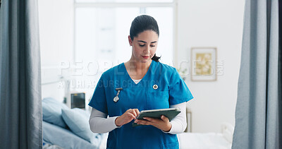 Buy stock photo Reading, woman and nurse with tablet in clinic for email, medical review and information. Hospital, healthcare worker and female person with technology for telehealth schedule, icu report or research