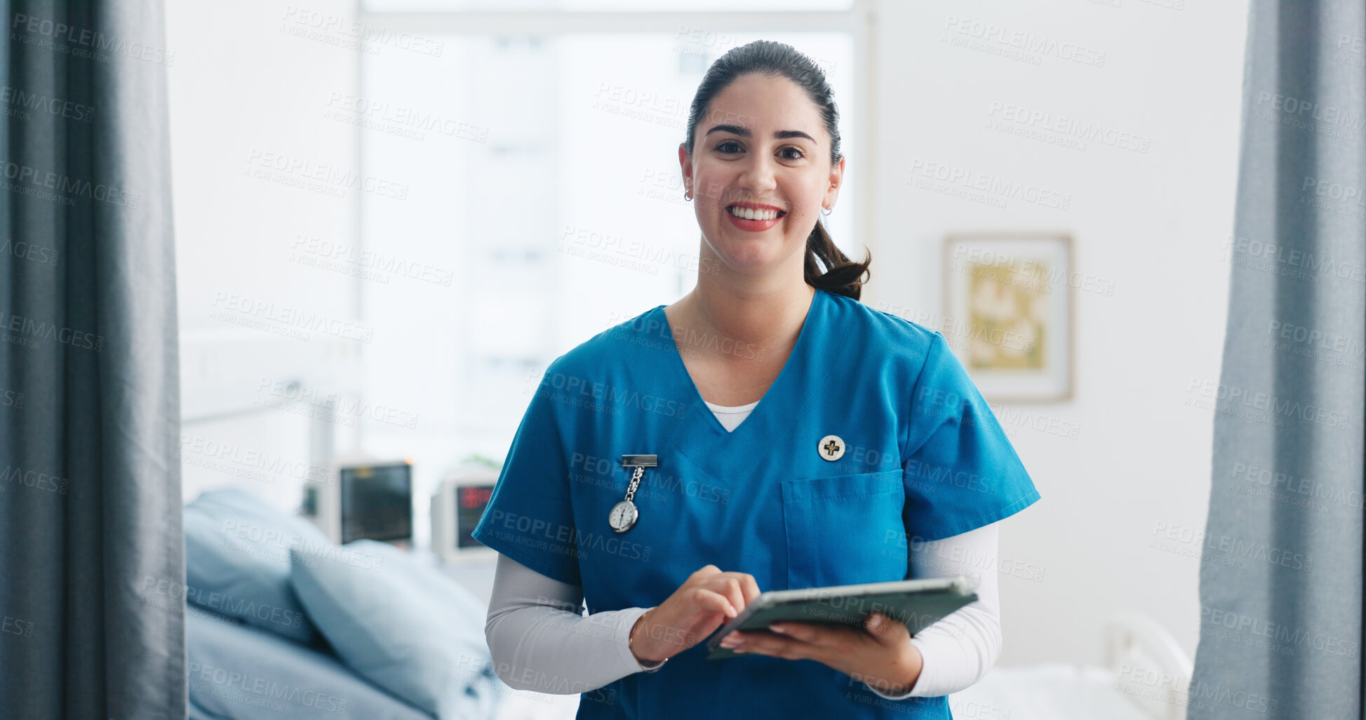 Buy stock photo Portrait, nurse and happy woman in hospital, tablet for online schedule and wellness treatment. Medical service, professional and person in clinic, technology and research for cure diagnosis or app