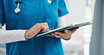 Woman, nurse and hands with tablet for medical checkup, diagnosis or research in hospital. Closeup, female person or healthcare worker scrolling with technology for telehealth, network or information