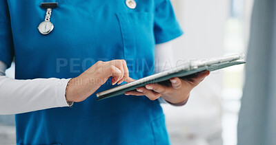 Buy stock photo Woman, nurse and hands with tablet for medical checkup, diagnosis or research in hospital. Closeup, female person or healthcare worker scrolling with technology for telehealth, network or information