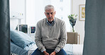Medical, upset or old man on hospital bed with thinking, appointment stress or waiting for surgery result. Healthcare, anxiety or elderly patient with fear, reflection or diagnosis worry in checkup.