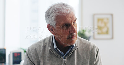 Buy stock photo Healthcare, thinking and waiting with old man in hospital for checkup, healing or recovery. Appointment, ideas and medical with senior patient in clinic for rehabilitation, treatment or wellness