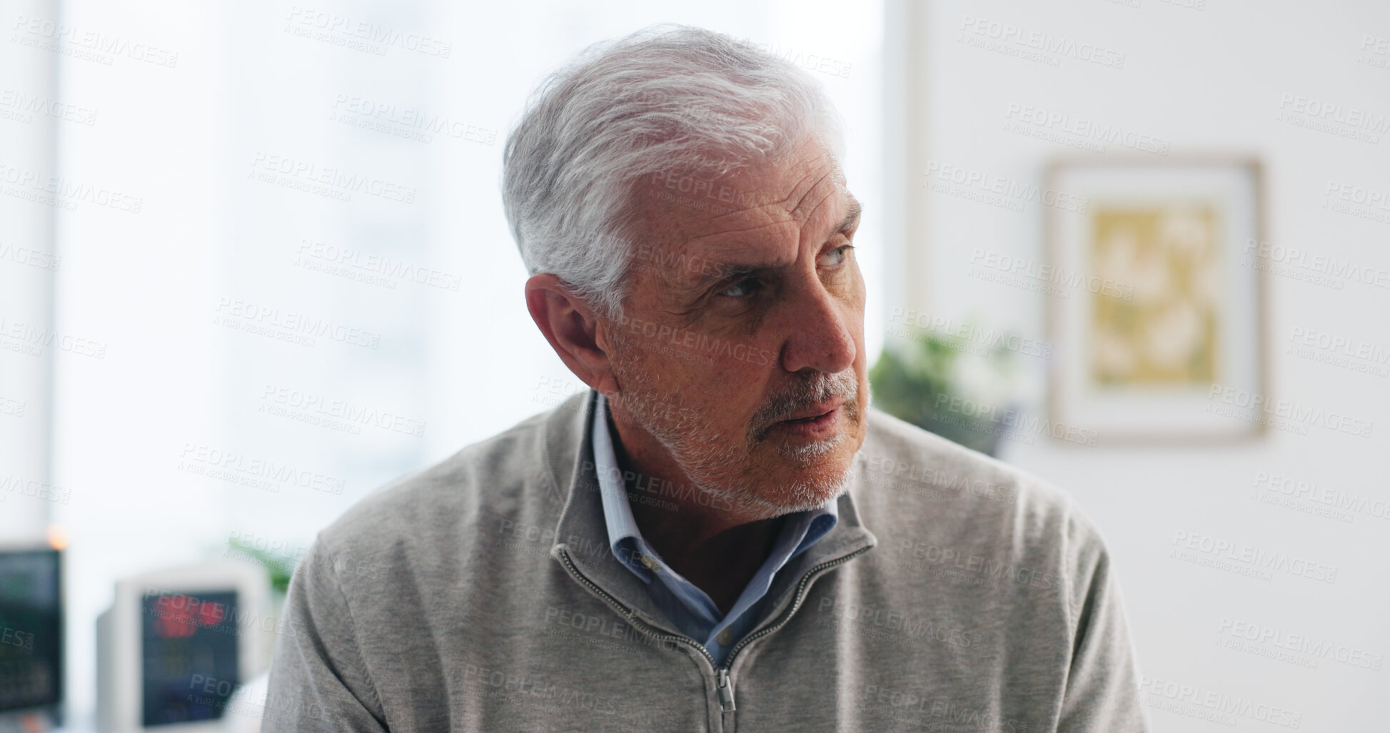 Buy stock photo Healthcare, thinking and waiting with old man in hospital for checkup, healing or recovery. Appointment, ideas and medical with senior patient in clinic for rehabilitation, treatment or wellness