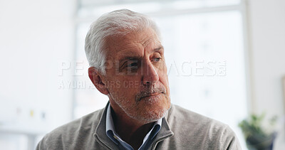Buy stock photo Medical, thinking and waiting with old man in hospital for checkup, healing or recovery. Appointment, healthcare and ideas with senior patient in clinic for rehabilitation, treatment or wellness