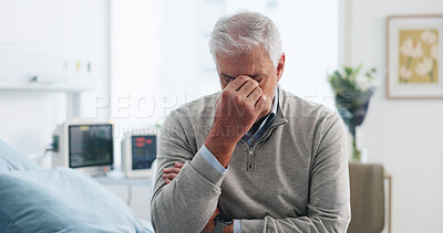 Buy stock photo Medical, sad or old man on hospital bed with fear, appointment stress or waiting for results. Healthcare, anxiety or elderly person with depression, reflection or diagnosis worry in patient checkup.