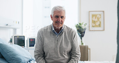 Buy stock photo Portrait, smile and senior man in hospital for healthcare, recovery and waiting for appointment. Elderly patient, person and clinic bed for medical service, wellness or insurance in retirement in USA