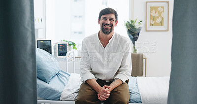 Buy stock photo Portrait, man and happy at appointment on hospital bed for healthcare, routine checkup or wellness. Smile, patient and confident in clinic for outpatient visit, medical consultation or waiting