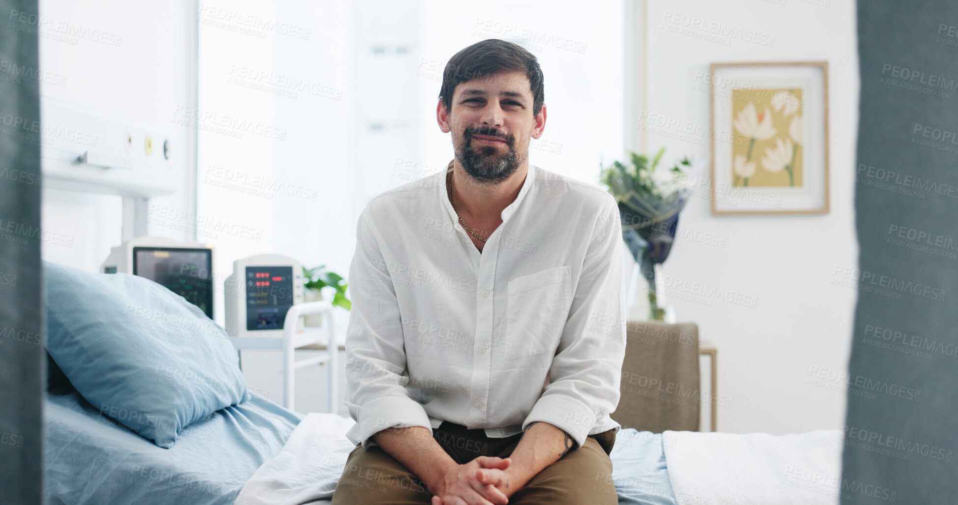 Buy stock photo Portrait, man and smile at appointment on hospital bed for healthcare, routine checkup or wellness. Happy, patient and confident in clinic for outpatient visit, medical consultation or waiting