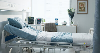 Buy stock photo Empty room, clinic and bed for healthcare services, equipment and monitor with machine for wellness. Furniture, interior and screen in ward for medical recovery, rehabilitation or healing at hospital