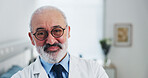 Portrait, senior doctor and man in clinic with medical service, career experience and patient care. Confident, old physician and person in hospital with healthcare knowledge, integrity and about us.