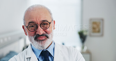 Buy stock photo Portrait, mature doctor and man in clinic with medical service, career experience and patient care. Confident, physician and person in hospital with healthcare knowledge, integrity and about us.