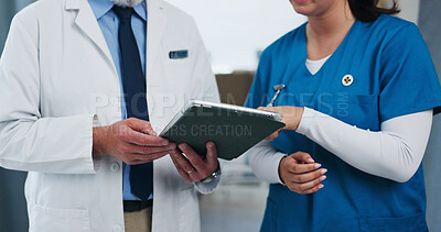 Buy stock photo Hands, doctors and tablet for planning at clinic with team review, checklist or insight for medical report. People, nurse and surgeon with tech, app or feedback for healthcare services at hospital